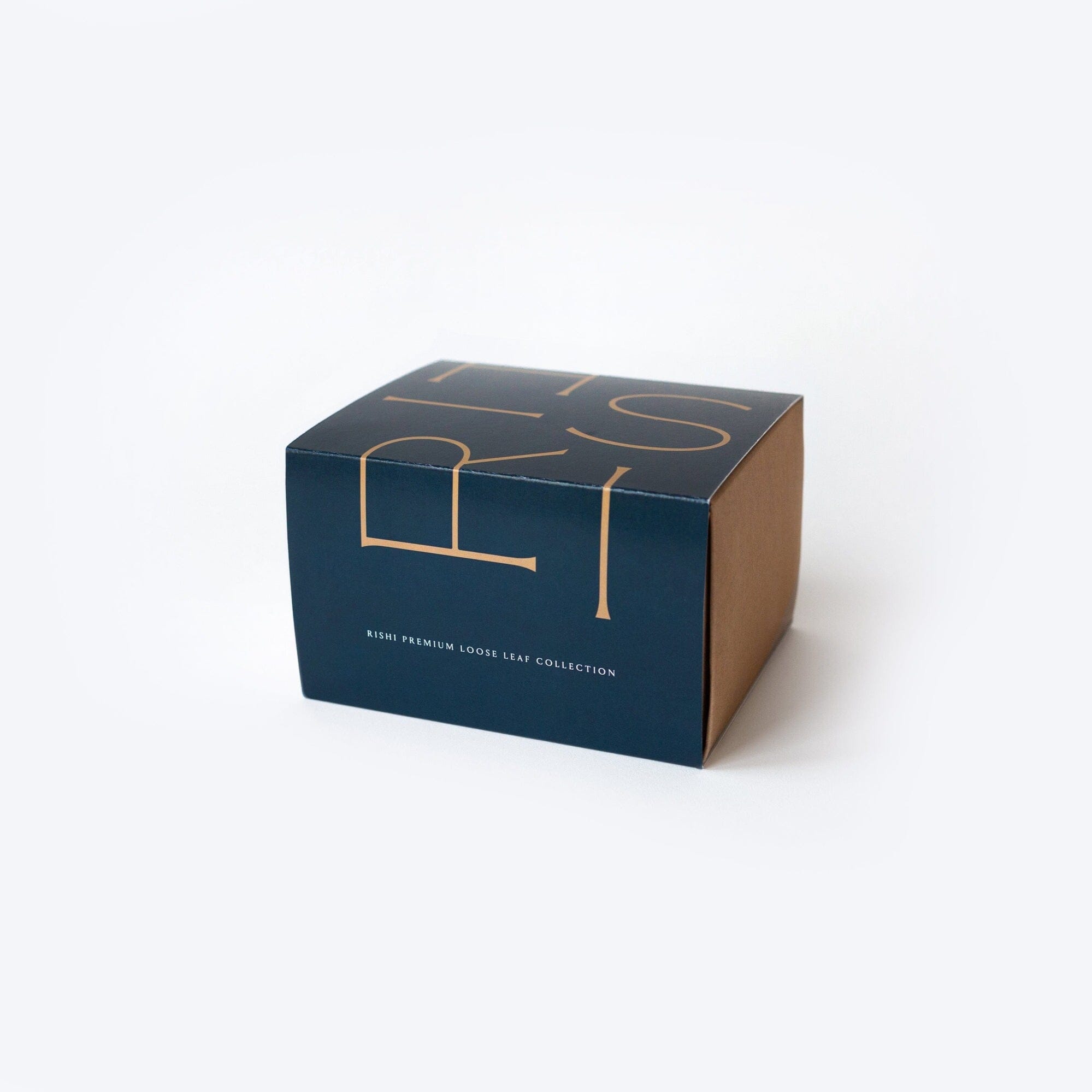 A brown and navy blue box with gold lettering, reading