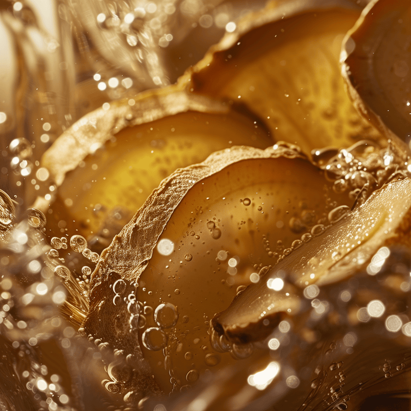 Close-up view of sliced mushrooms being washed, water droplets and bubbles visible—subtle hints of pear essence from Rishi Tea & Botanicals add a refreshing aroma.