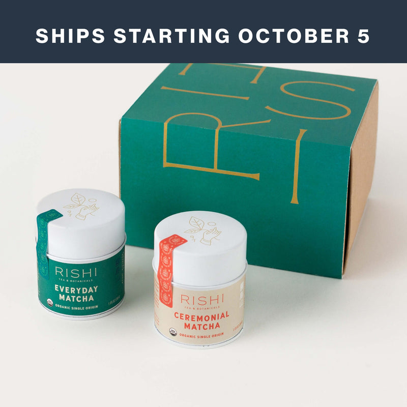 Two Rishi matcha tins labeled Everyday and Ceremonial Matcha sit next to a green and gold Rishi box. A banner reads, “Ships starting October 5.”.