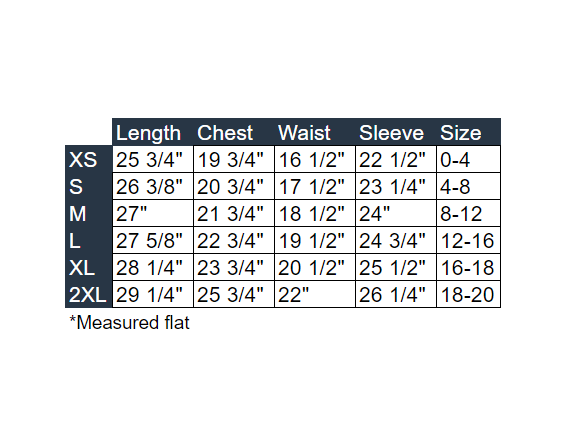 Size chart for the Rishi Everyday Hoodie - Black, detailing length, chest, waist, sleeve, and corresponding sizes from XS to 2XL. Measurements are provided in inches for unisex fits and range from sizes 0-4 to 18-20. Note: All measurements are taken flat.
