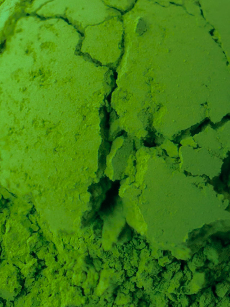 Close-up of bright green matcha powder with a cracked, textured surface filling the frame.