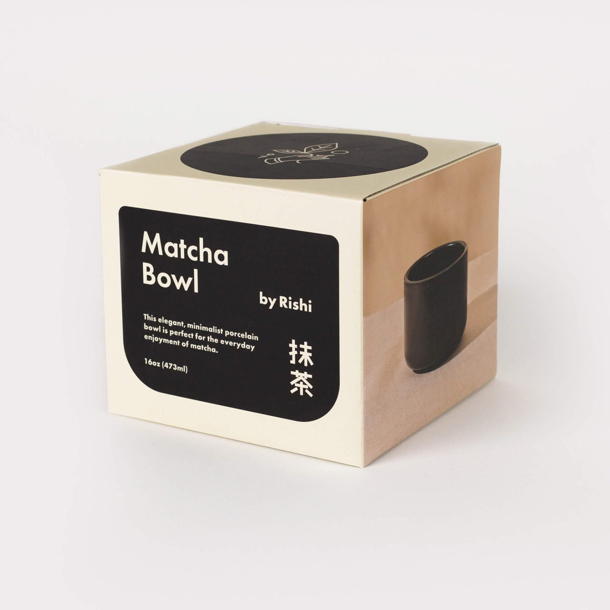 Packaging for "Everyday Matcha Bowl by Rishi Tea & Botanicals," with product information, whisking technique guide, and Japanese characters on a white background.
