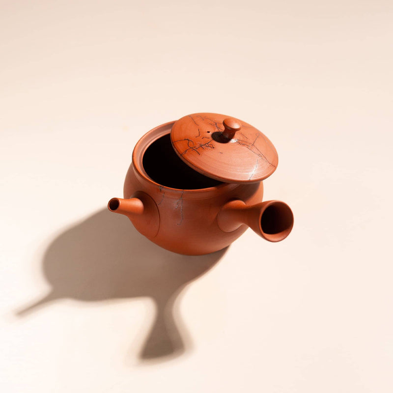 A terracotta-colored clay teapot with its lid slightly open, photographed on a warm off-white background with a soft shadow cast to the left.