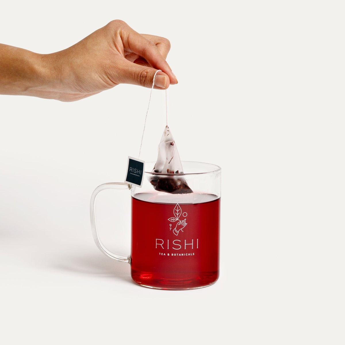 A hand holding a Glass Simple Mug by Rishi Tea & Botanicals with a tea bag in it.