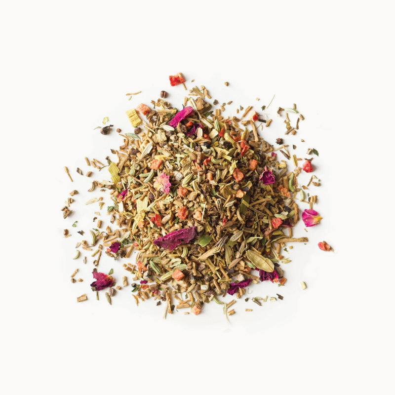 A pile of Valerian Dream herbs and flowers on a white background.