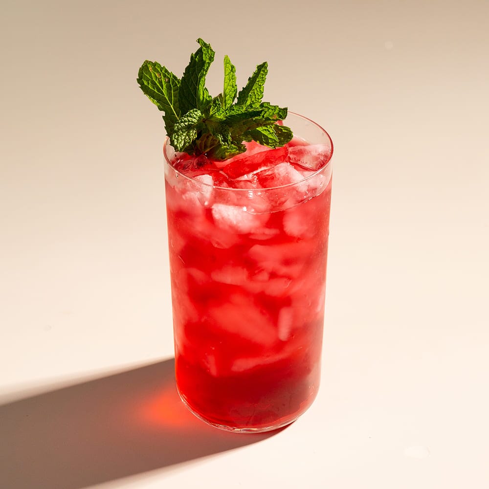 A tall glass of Rishi Tea & Botanicals Hibiscus Berry iced tea, garnished with fresh mint, sits on a light surface.