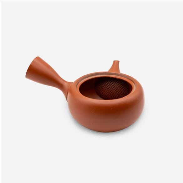 A Takasuke Tokoname Kyusu Teapot with a handle on a white background by Rishi Tea & Botanicals.
